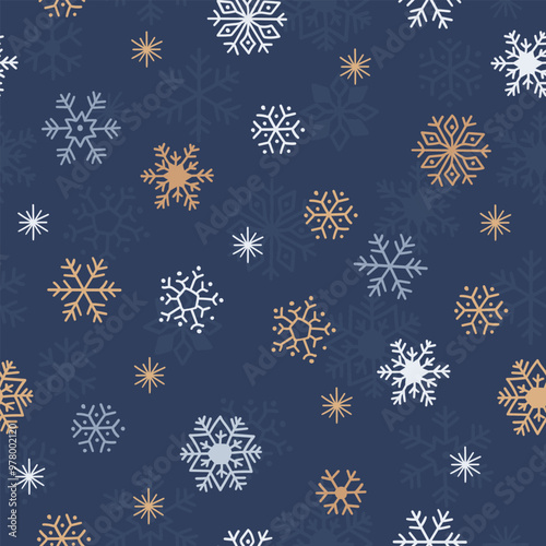 White and golden snowflakes on a blue background seamless pattern