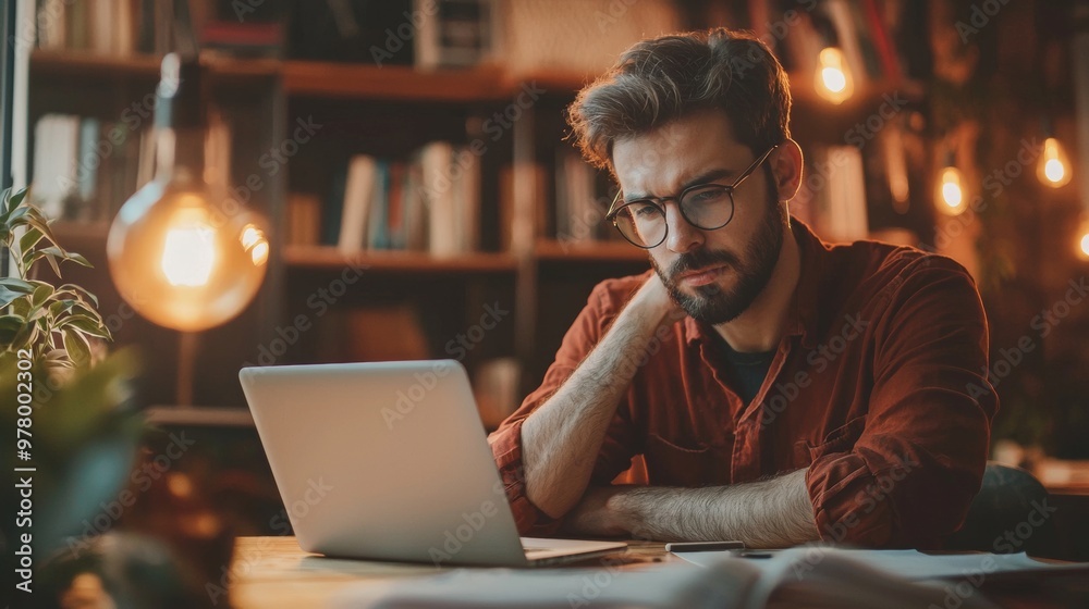Focused man working on laptop in cozy home office with warm lighting Focused man working on laptop in cozy home office with warm lighting