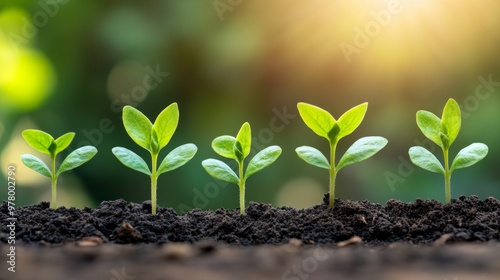 seedlings growing in dark soil, each with vibrant green leaves. They are illuminated by warm, golden sunlight, creating a serene and hopeful atmosphere. The softly blurred background