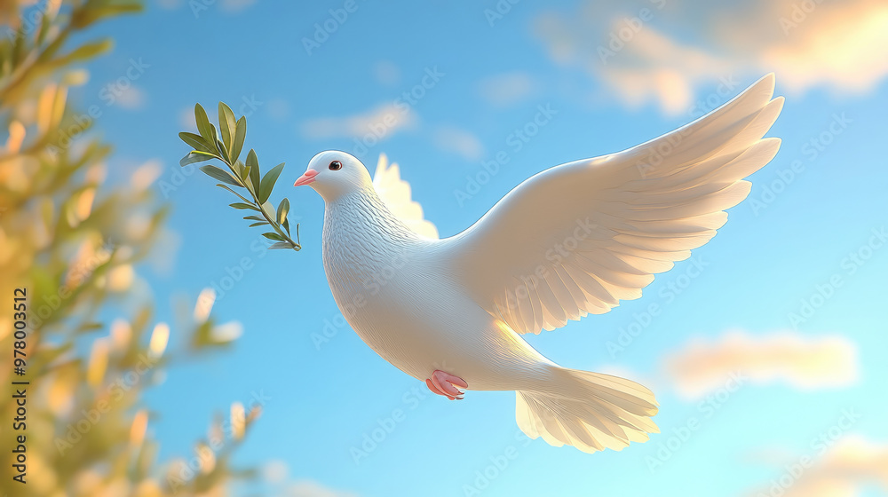 Fototapeta premium 3D illustration of white dove with olive branch in beak against blue sky, International Day of Peace, September 21, symbol, pigeon, flight, wings, feathers, bird, animal, postcard, biblical story