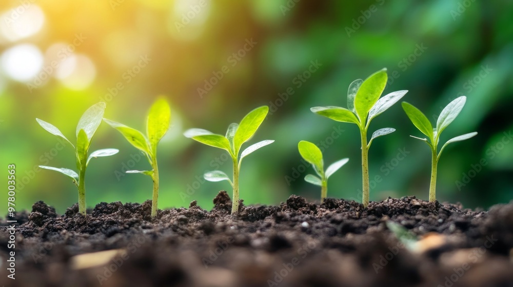seedlings growing in dark soil, each with vibrant green leaves. They are illuminated by warm, golden sunlight, creating a serene and hopeful atmosphere. The softly blurred background