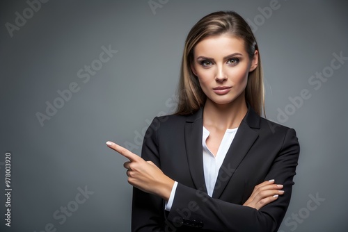 Serious Businesswoman in Formal Suit Pointing Confident Female Executive Portrait on Gray Background