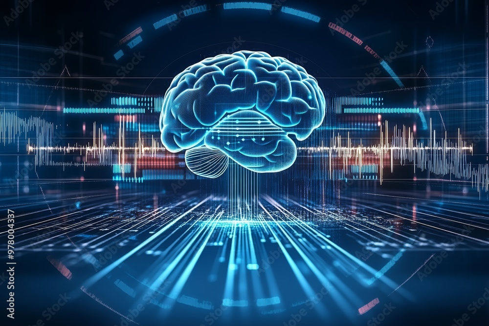 Brain Illustration with Digital Circuitry in Blue Setting Representing AI Neural Networks and Advanced Technology in Human Brain Function Brain Illustration with Digital Circuitry in Blue Setting Representing AI Neural Networks and Advanced Technology in Human Brain Function