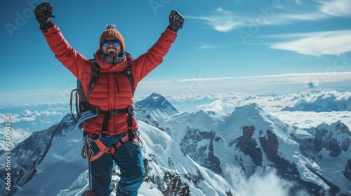 A happy man with his hands up on top of a snow-covered mountain. Climbing high snow-capped mountains