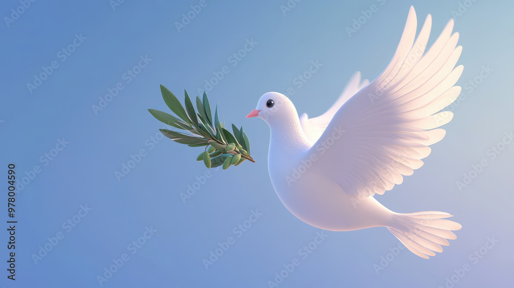Obraz premium 3D illustration of white dove with olive branch in beak against blue sky, International Day of Peace, September 21, symbol, pigeon, flight, wings, feathers, bird, animal, postcard, biblical story