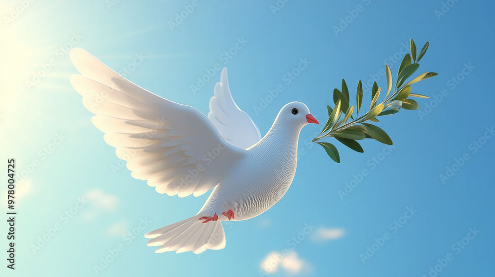 3D illustration of white dove with olive branch in beak against blue sky, International Day of Peace, September 21, symbol, pigeon, flight, wings, feathers, bird, animal, postcard, biblical story 3D illustration of white dove with olive branch in beak against blue sky, International Day of Peace, September 21, symbol, pigeon, flight, wings, feathers, bird, animal, postcard, biblical story