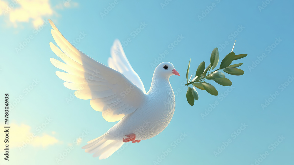 Obraz premium 3D illustration of white dove with olive branch in beak against blue sky, International Day of Peace, September 21, symbol, pigeon, flight, wings, feathers, bird, animal, postcard, biblical story