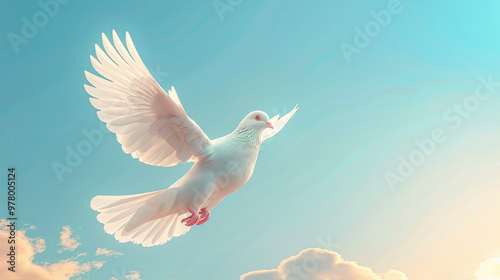 3D illustration of white dove fly in blue sky, International Day of Peace, September 21, symbol, pigeon, flight, wings, feathers, bird, animal, postcard, pacifism, world peace day