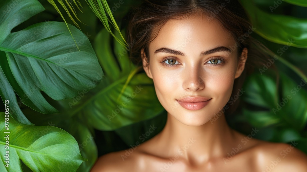 Beauty Portrait of a Young Woman Surrounded by Tropical Foliage Beauty Portrait of a Young Woman Surrounded by Tropical Foliage