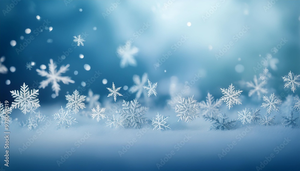 Minimalist winter background with depth of field featuring soft snowflakes on a light blue backdrop Minimalist winter background with depth of field featuring soft snowflakes on a light blue backdrop