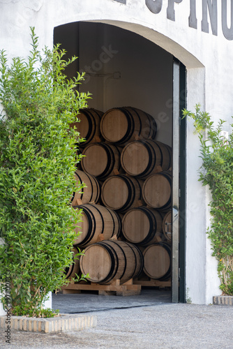 Sherry wine making process in Jerez triangle, Jerez de la Frontera, oak barrels in wine cellars, solera system of aging sherry wine, Andalusia, Spain