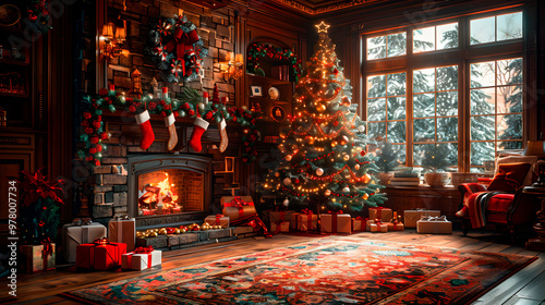 Cozy holiday living room with decorated christmas tree and fireplace photo