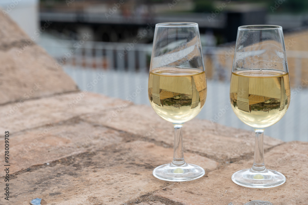 Obraz premium Sherry fino wine tasting on roof of old Triana district in Sevilla with view on Sevilla houses and churches, wine glasses