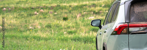 SUV car in green area, travel concept