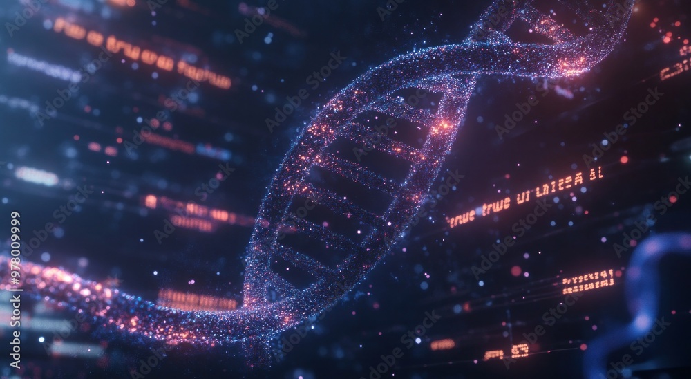 Futuristic Digital DNA Sequence with Code Background