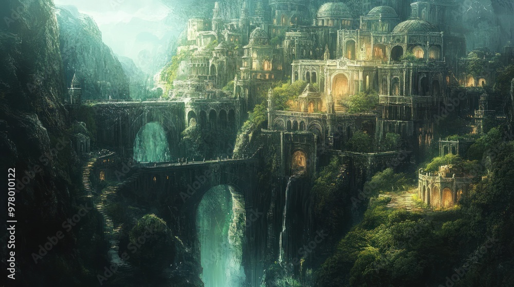 Ancient City Built into Cliffside with a Waterfall Ancient City Built into Cliffside with a Waterfall