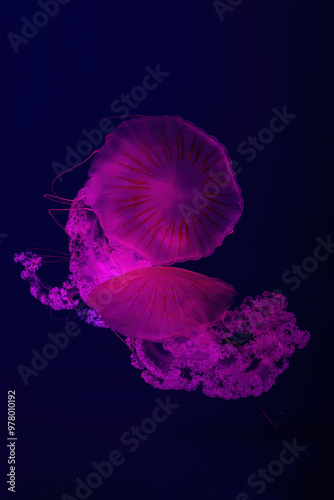 Two Jellifish South american sea nettle, Chrysaora plocamia swimming in aquarium tank with red neon illumination. Aquatic organism, animal, undersea life, biodiversity photo