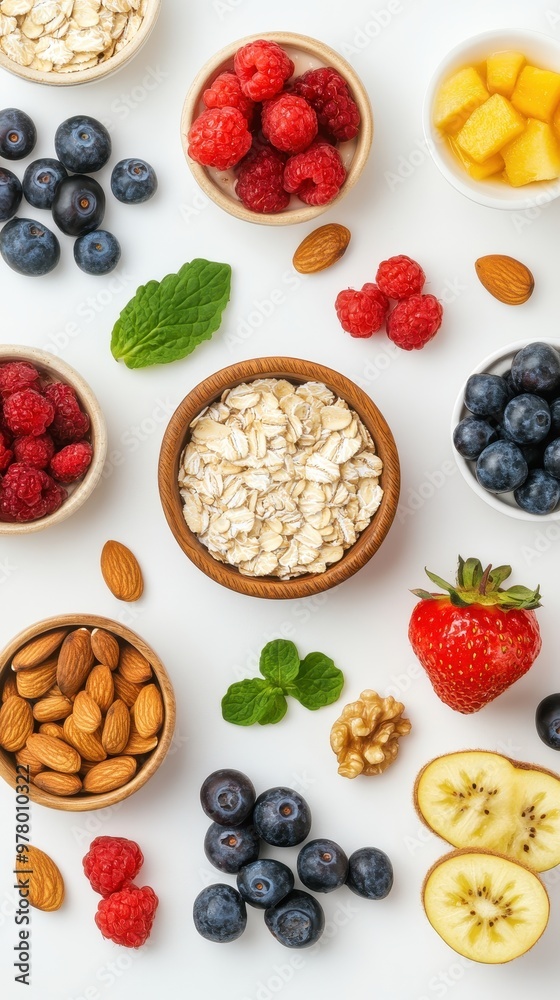 Brightly arranged oats, berries, nuts, and fruits make a delicious, healthy breakfast Brightly arranged oats, berries, nuts, and fruits make a delicious, healthy breakfast