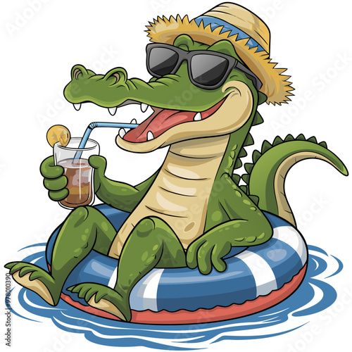 Relaxed Crocodile Drinking Summer Beverage Floating Pool Inflatable Wearing Sunglasses Hat Vector