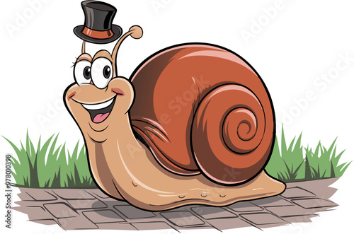 Smiling Cartoon Snail Wearing Top Hat Vector Illustration Pathway Grass Humor Fun
