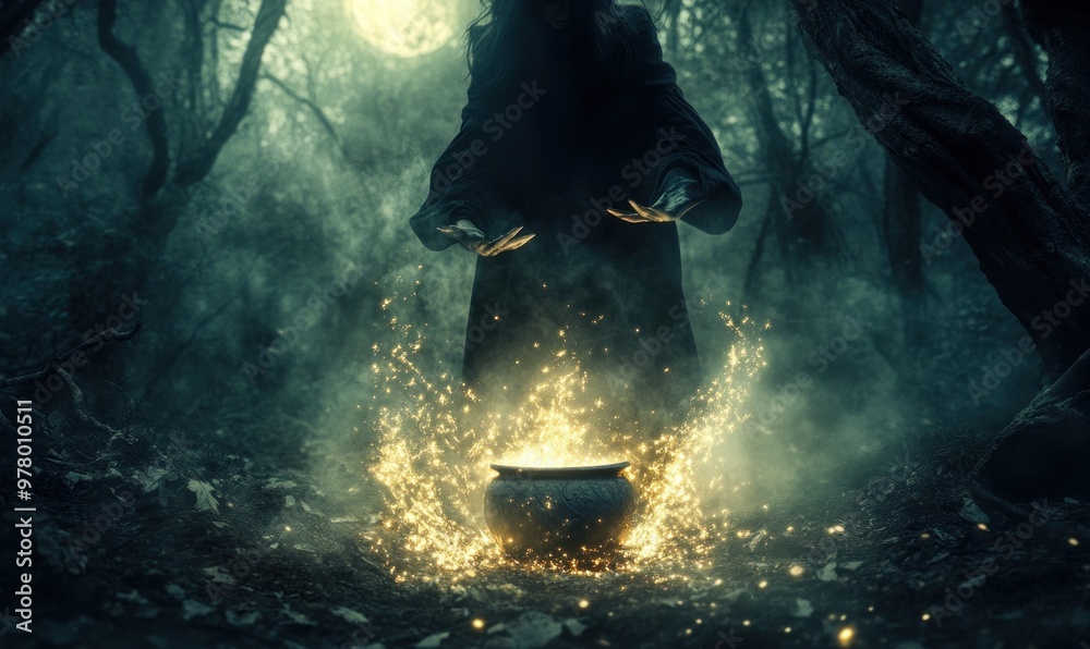 Obraz premium Dark Enchantress Casting Spell in Misty Forest