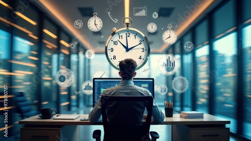 Focus and Productivity at a Modern Workspace With Clocks and Data Visualizations in the Afternoon. Generative AI