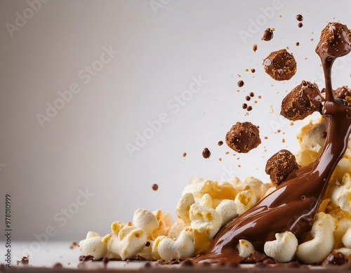 delicious and warm popcorn, covered with a tempting sprinkle of sweet chocolate cream. generative ai photo