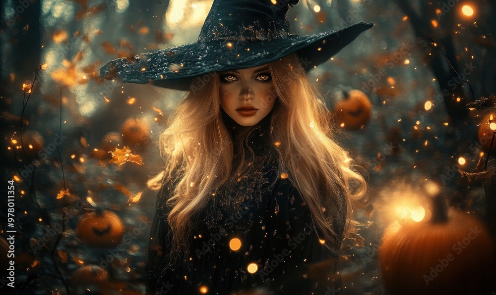 Enchanting Witch in Magical Forest with Pumpkins