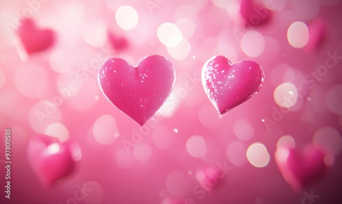 Floating Pink Hearts on Pink Bokeh Background