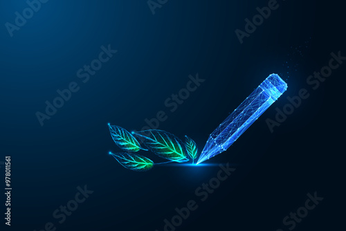 Creative writing, content creation, digital storytelling abstract concept. Pencil and green leaves 