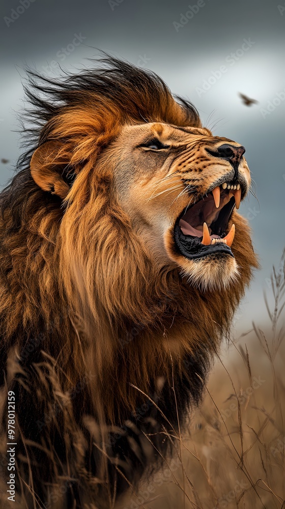 Fototapeta premium Ferocious lion roaring with its mane flowing in the windy savannah