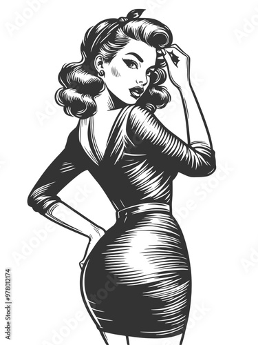 pin-up woman wearing a form-fitting tight dress, vintage fashion beauty sketch engraving generative ai fictional character vector illustration. Scratch board imitation. Black and white image.