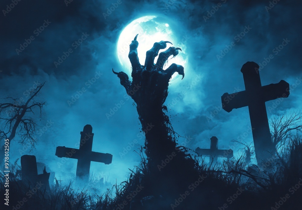 Spooky Graveyard with Rising Zombie Hand under Full Moon