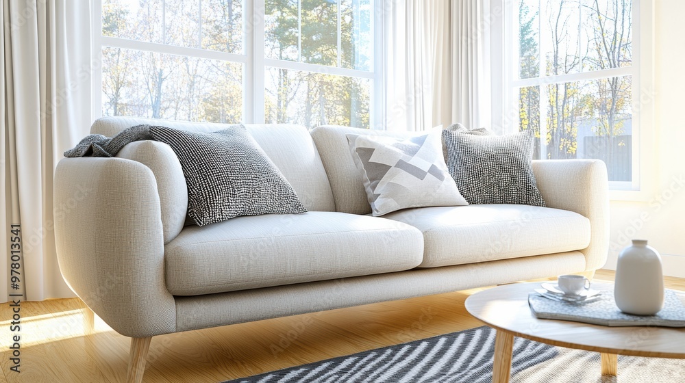 A white couch in a living room with windows and pillows, AI A white couch in a living room with windows and pillows, AI