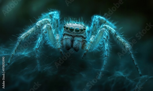 Macro Shot of Blue Jumping Spider on Web