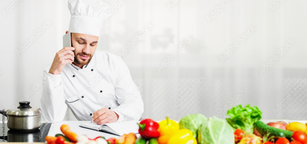 Chef Guy Talking On Mobile Phone Receiving Order And Taking Notes Standing In Hotel Kitchen Indoor. Selective Focus Chef Guy Talking On Mobile Phone Receiving Order And Taking Notes Standing In Hotel Kitchen Indoor. Selective Focus