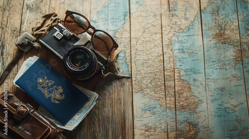 Classic Camera And Travel Passport On Vintage World Map Travel Exploration Setup