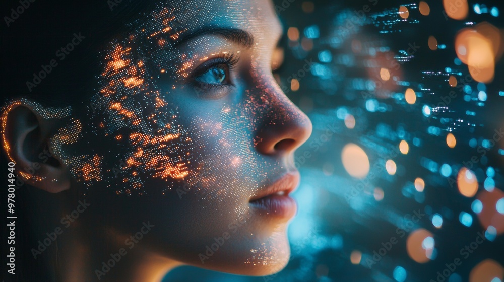 Close-up of woman's face illuminated with digital data projections Close-up of woman's face illuminated with digital data projections