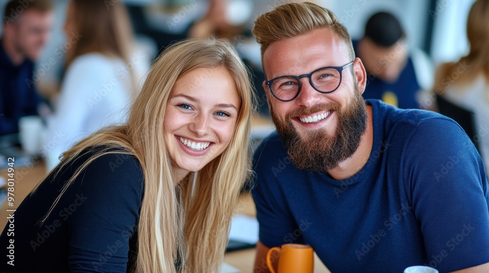 Fototapeta premium A man and woman sitting at a table with coffee cups, AI