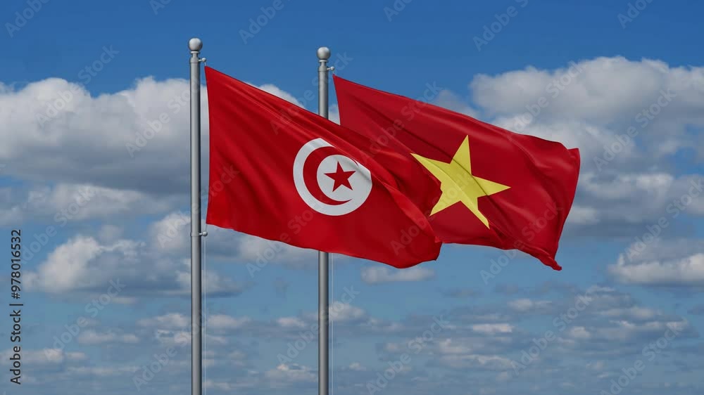 Vietnam and Tunisia flags flying together, video concept of the relationship Vietnam and Tunisia flags flying together, video concept of the relationship