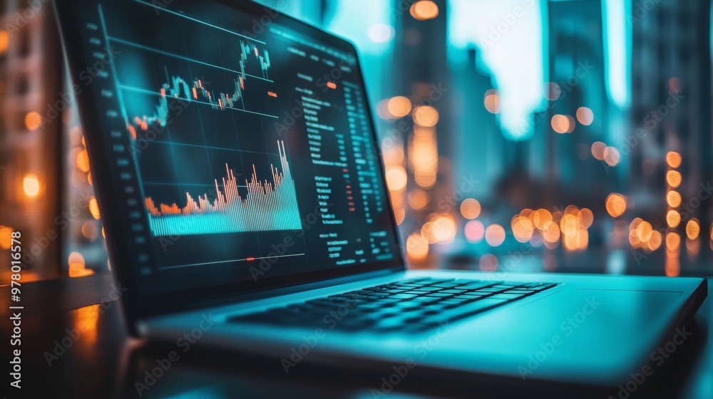 Laptop with stock market graphs on screen in cityscape setting Laptop with stock market graphs on screen in cityscape setting