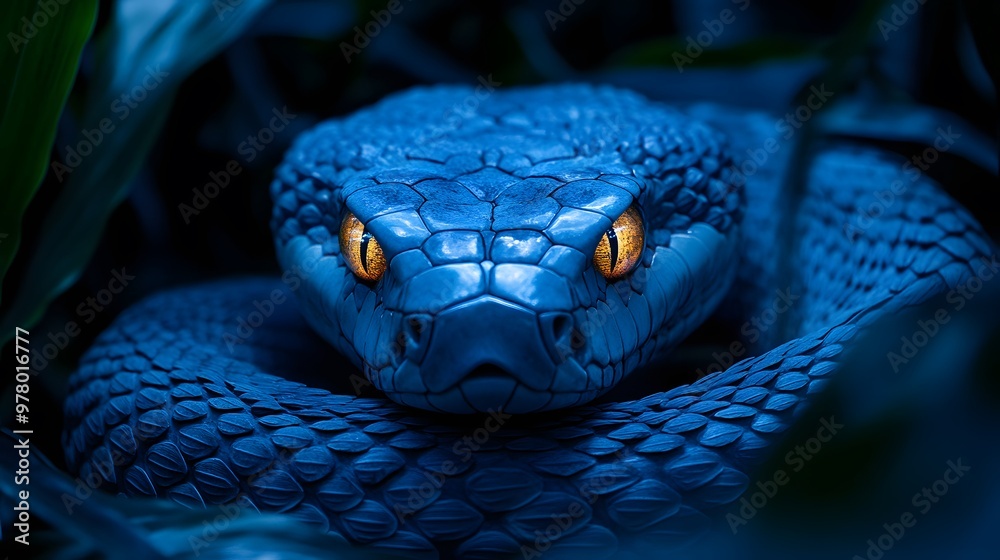 Close-up of a vibrant blue snake coiled with striking yellow eyes in a dark jungle setting Close-up of a vibrant blue snake coiled with striking yellow eyes in a dark jungle setting