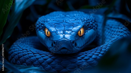 Close-up of a vibrant blue snake coiled with striking yellow eyes in a dark jungle setting