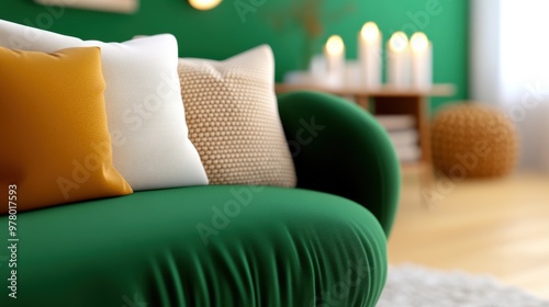 A green couch with pillows and candles in a room, AI