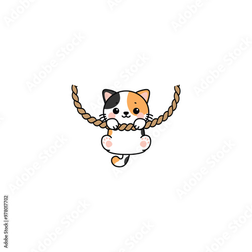 Cute calico cat hanging on rope cartoon, vector illustration