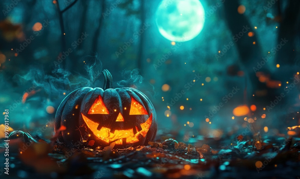 Halloween Pumpkin in Spooky Forest under Full Moon Halloween Pumpkin in Spooky Forest under Full Moon