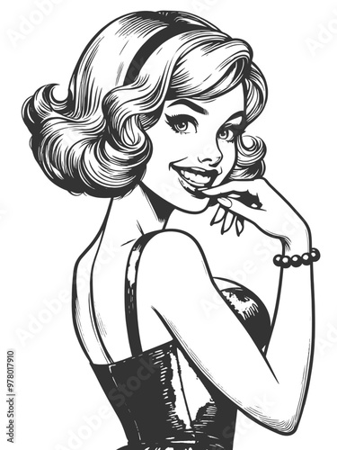 Playful smiling beautiful young woman flirty biting her little finger sketch engraving generative ai fictional character vector illustration. Scratch board imitation. Black and white image.