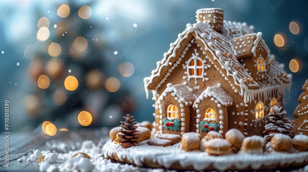 Close up of a gingerbread palace with illuminated windows and Christmas tree ornaments in snow bokeh banner empty space for design Close up of a gingerbread palace with illuminated windows and Christmas tree ornaments in snow bokeh banner empty space for design