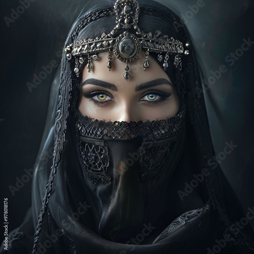 Elegant and enigmatic image of a woman with her face hidden by a veil so that only her expressive, intriguing eyes are visible. The motif ought to arouse the desire of an Arabian princess, queen photo