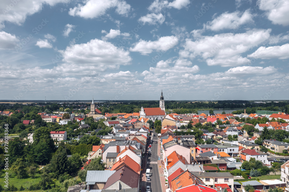 Summer aerial skyline cityscape of Wolsztyn, Greater Poland (Wielkopolska). Wide panoramic view of the sunny old town